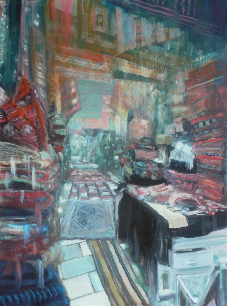 oil painting by Rebecca Payn 'Carpet Shop - Tunis'