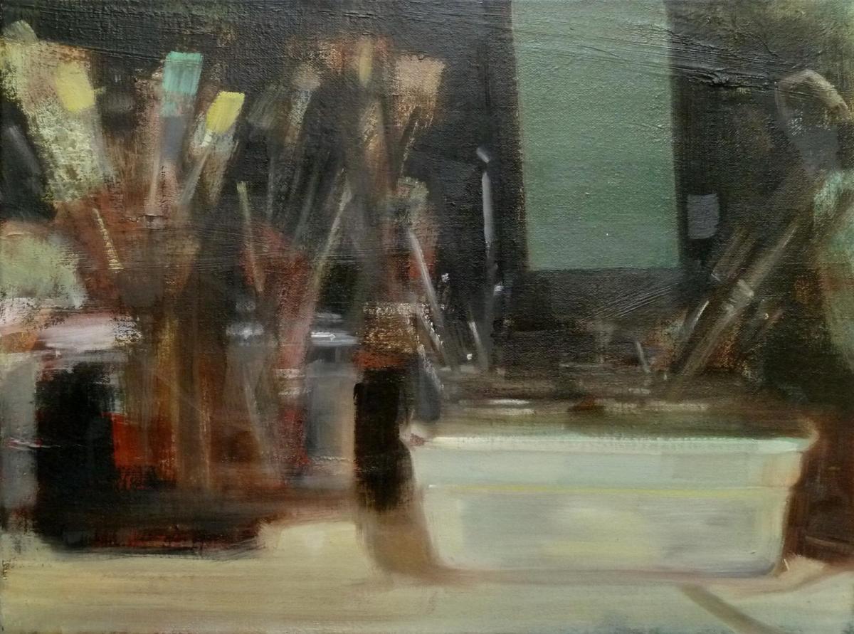 oil painting by Rebecca Payn, 'Studio Study - Brushes'